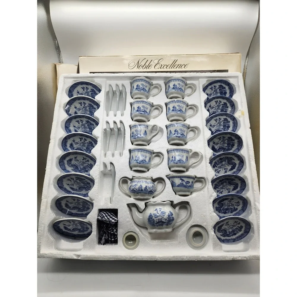 Noble Excellence Blue Willow Mini Tea Set 45 Piece Ceramic Child Tea Party Boxed